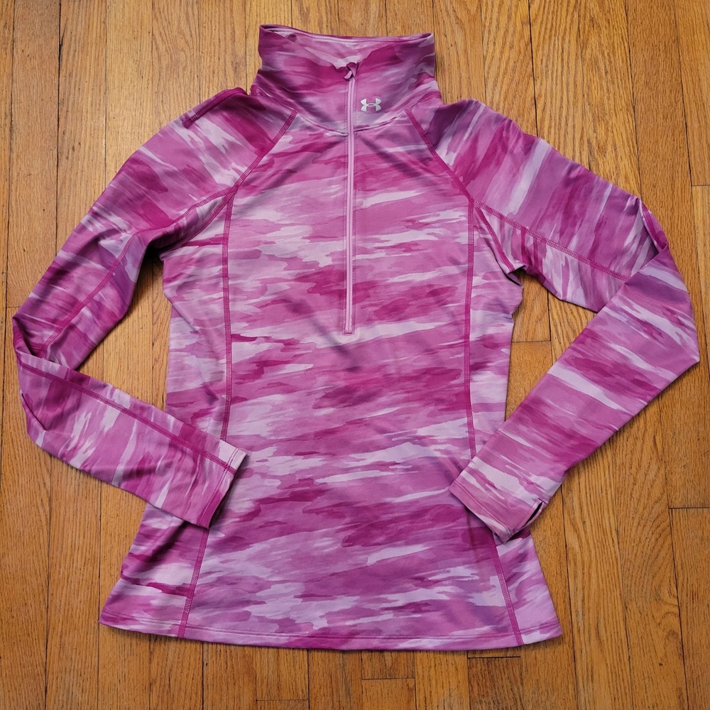 Under Armour M Pullover Pink Watercolor Camo Thumbhole 1/2 Zip Coldgear Fitted